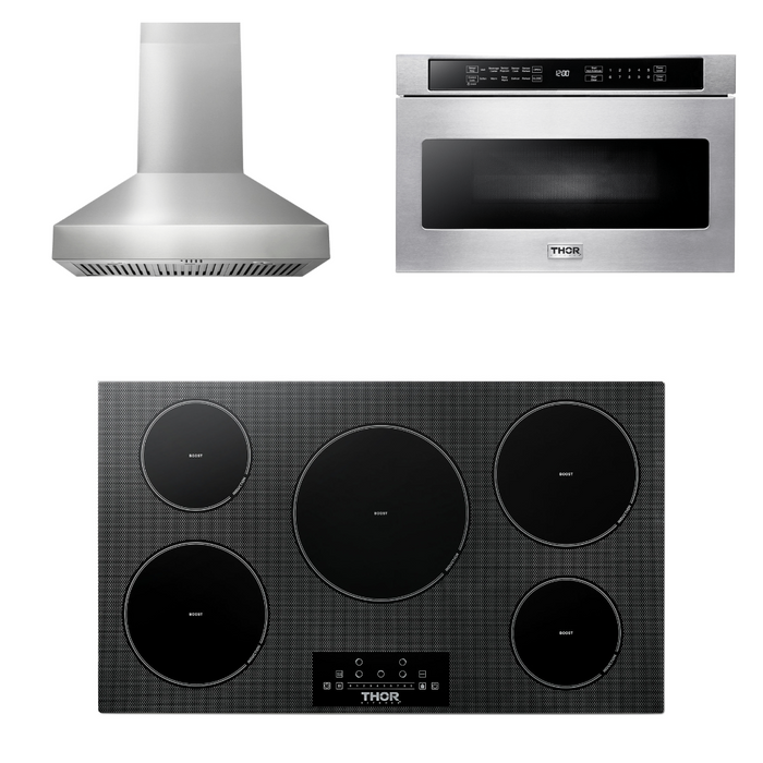 Thor Kitchen Appliance Package - 36 In. Induction Cooktop, Range Hood, Microwave Drawer, AP-TIH36-W-4