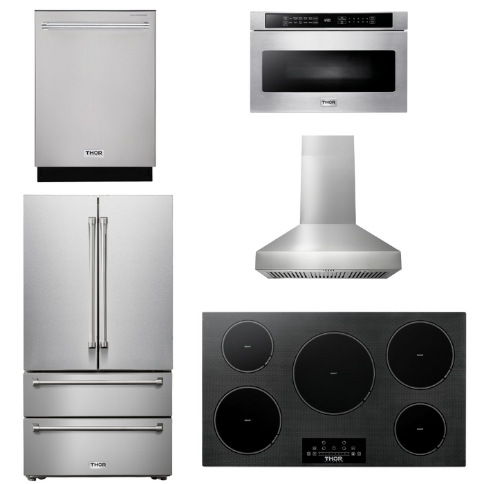 Thor Kitchen Appliance Package - 36 In. Induction Cooktop, Range Hood, Microwave Drawer, Refrigerator, Dishwasher, AP-TIH36-W-5