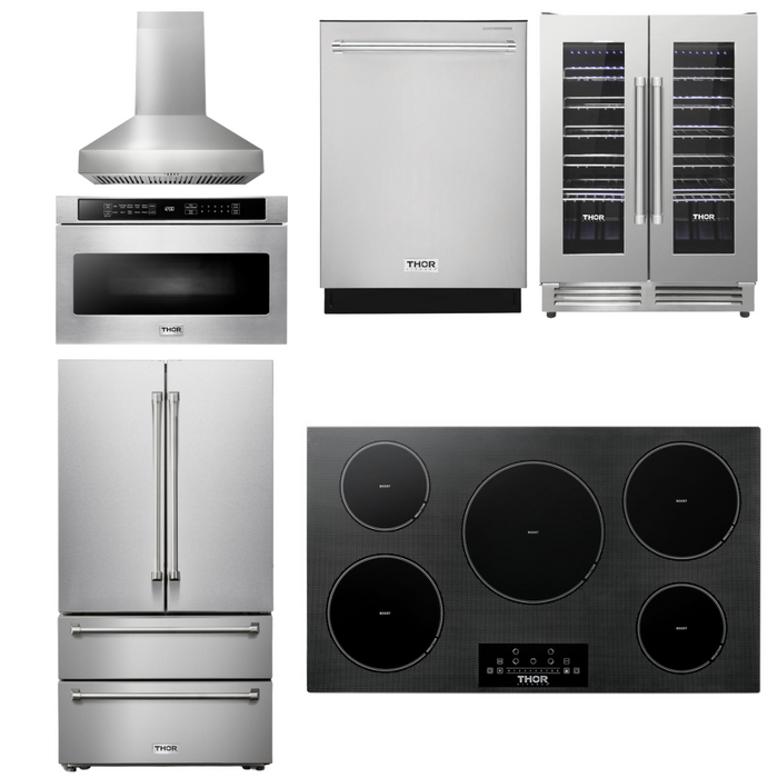 Thor Kitchen Appliance Package - 36 In. Induction Cooktop, Range Hood, Microwave Drawer, Refrigerator, Dishwasher, Wine Cooler, AP-TIH36-W-6