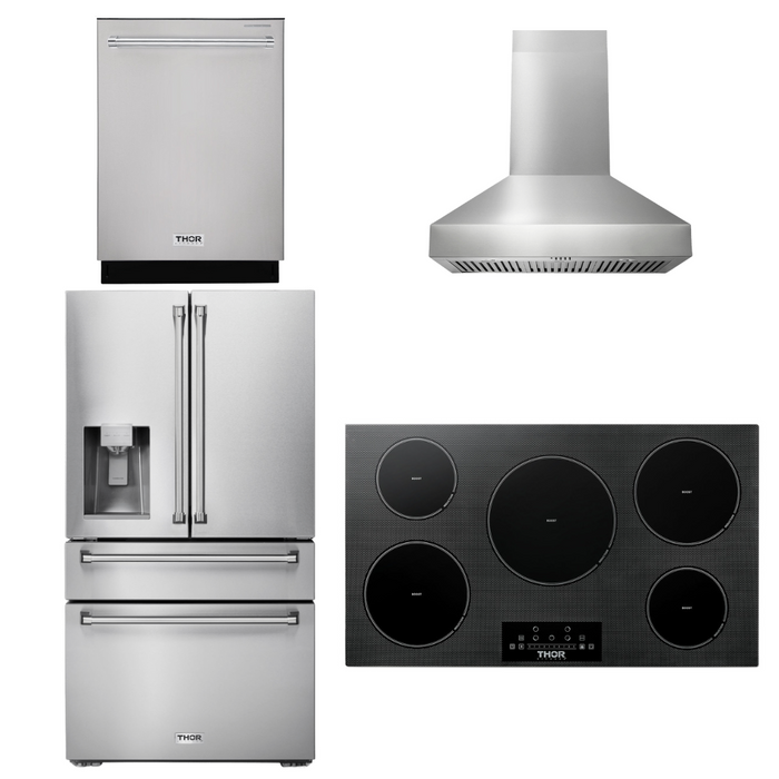 Thor Kitchen Appliance Package - 36 In. Induction Cooktop, Range Hood, Refrigerator with Water and Ice Dispenser, Dishwasher, AP-TIH36-W-7