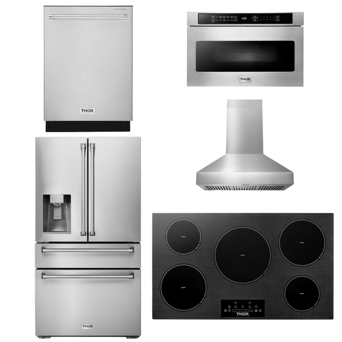 Thor Kitchen Appliance Package - 36 In. Induction Cooktop, Range Hood, Microwave Drawer, Refrigerator with Water and Ice Dispenser, Dishwasher, AP-TIH36-W-9