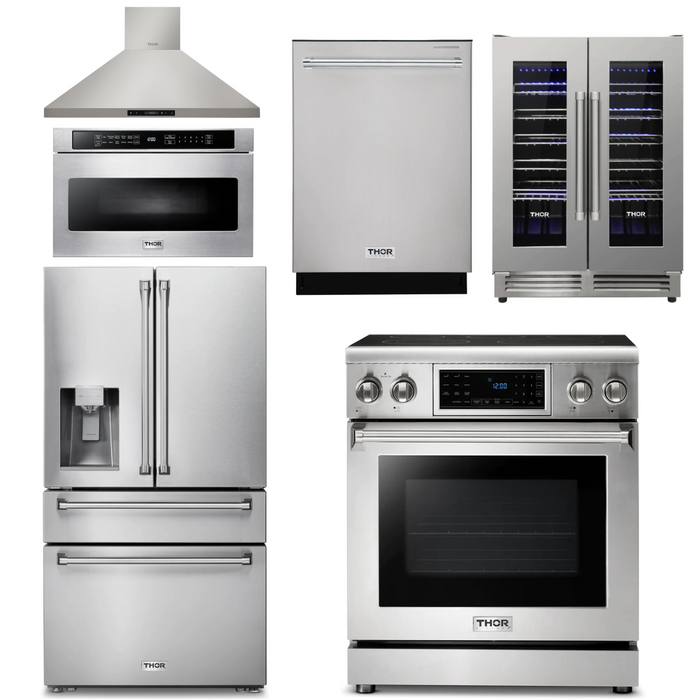 Thor Kitchen Appliance Package - 30 In. Electric Range, Range Hood, Microwave Drawer, Refrigerator with Water and Ice Dispenser, Dishwasher, Wine Cooler, AP-TRE3001-14