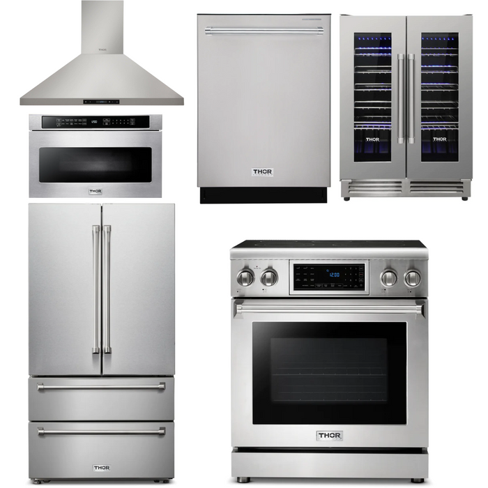 Thor Kitchen Appliance Package - 30 In. Electric Range, Range Hood, Microwave Drawer, Refrigerator, Dishwasher, Wine Cooler, AP-TRE3001-8