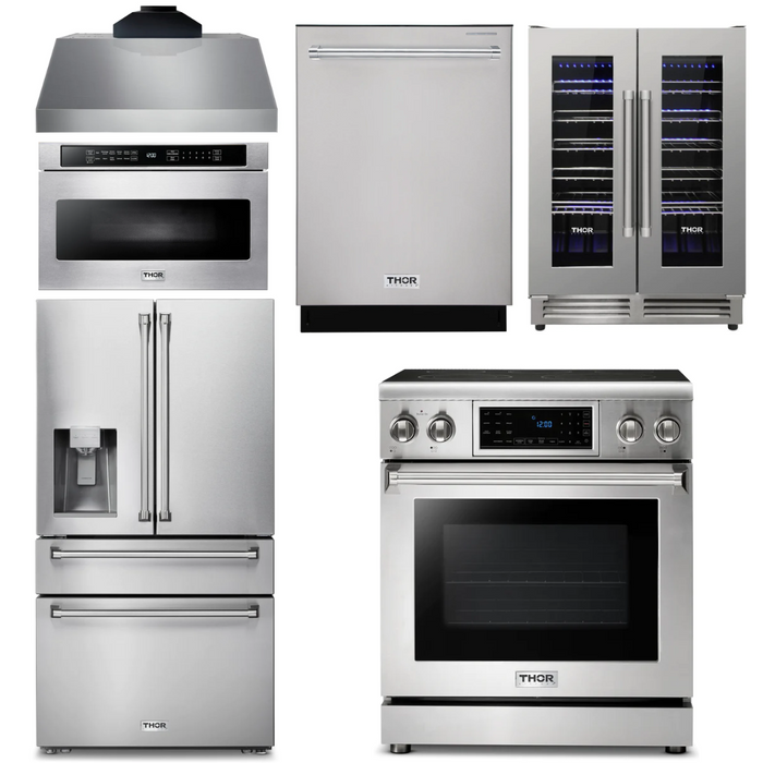 Thor Kitchen Appliance Package - 30 In. Electric Range, Range Hood, Microwave Drawer, Refrigerator with Water and Ice Dispenser, Dishwasher, Wine Cooler, AP-TRE3001-C-10