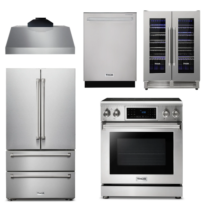 Thor Kitchen Appliance Package - 30 In. Electric Range, Range Hood, Refrigerator, Dishwasher, Wine Cooler, AP-TRE3001-C-3