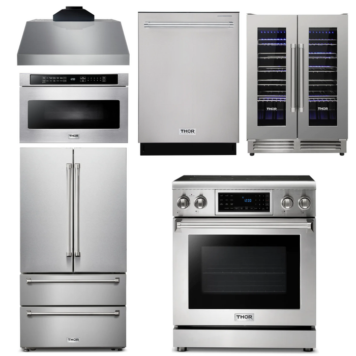 Thor Kitchen Appliance Package - 30 In. Electric Range, Range Hood, Microwave Drawer, Refrigerator, Dishwasher, Wine Cooler, AP-TRE3001-C-6