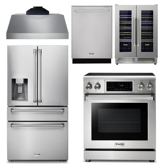 Thor Kitchen Appliance Package - 30 In. Electric Range, Range Hood, Refrigerator with Water and Ice Dispenser, Dishwasher, Wine Cooler, AP-TRE3001-C-8