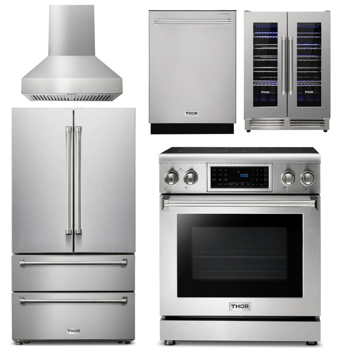 Thor Kitchen Appliance Package - 30 In. Electric Range, Range Hood, Refrigerator, Dishwasher, Wine Cooler, AP-TRE3001-W-3