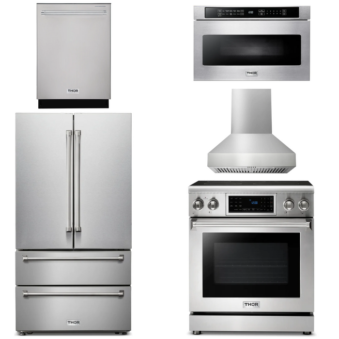 Thor Kitchen Appliance Package - 30 In. Electric Range, Range Hood, Microwave Drawer, Refrigerator, Dishwasher, AP-TRE3001-W-5