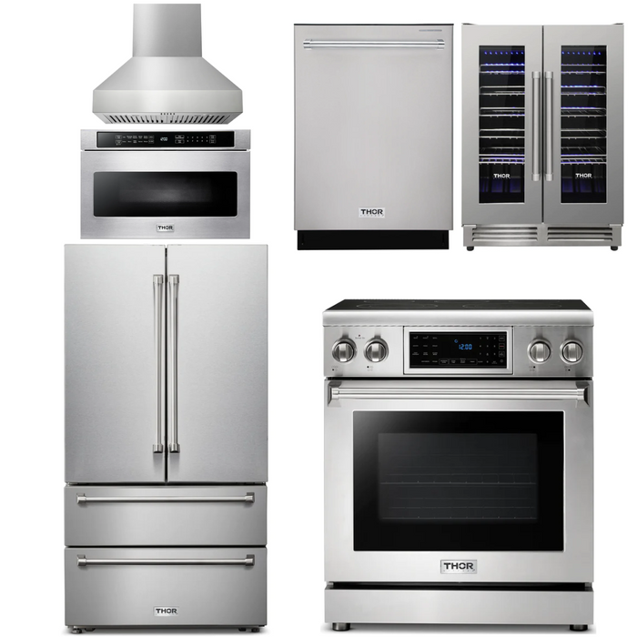 Thor Kitchen Appliance Package - 30 In. Electric Range, Range Hood, Microwave Drawer, Refrigerator, Dishwasher, Wine Cooler, AP-TRE3001-W-6