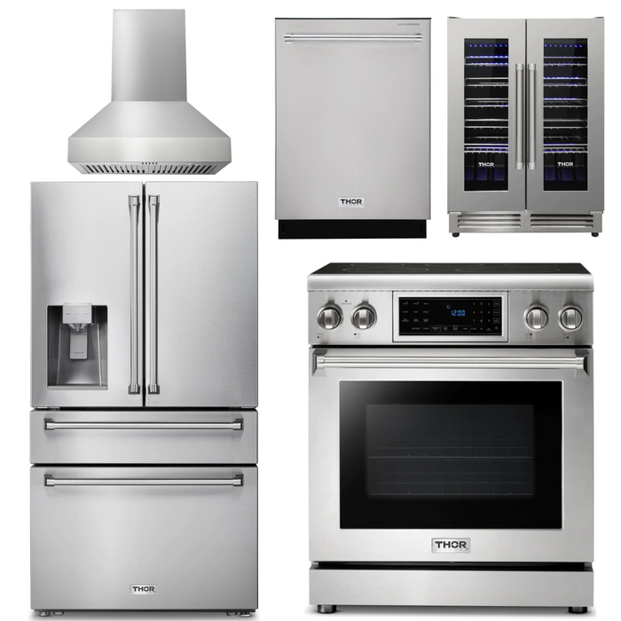 Thor Kitchen Appliance Package - 30 In. Electric Range, Range Hood, Refrigerator with Water and Ice Dispenser, Dishwasher, Wine Cooler, AP-TRE3001-W-8