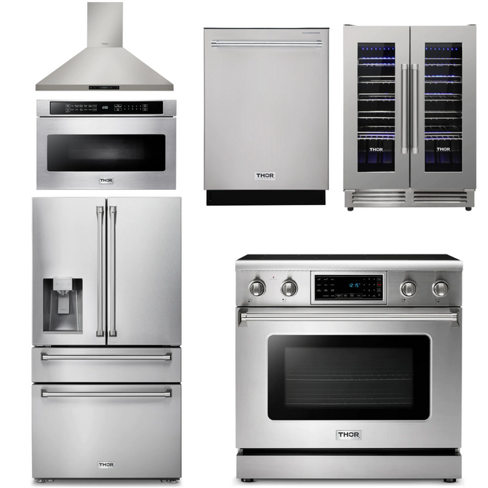 Thor Kitchen Appliance Package - 36 In. Electric Range, Range Hood, Microwave Drawer, Refrigerator with Water and Ice Dispenser, Dishwasher, Wine Cooler, AP-TRE3601-14