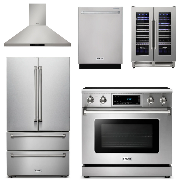 Thor Kitchen Appliance Package - 36 In. Electric Range, Range Hood, Refrigerator, Dishwasher, Wine Cooler, AP-TRE3601-4