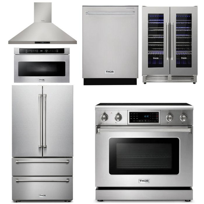 Thor Kitchen Appliance Package - 36 In. Electric Range, Range Hood, Microwave Drawer, Refrigerator, Dishwasher, Wine Cooler, AP-TRE3601-8