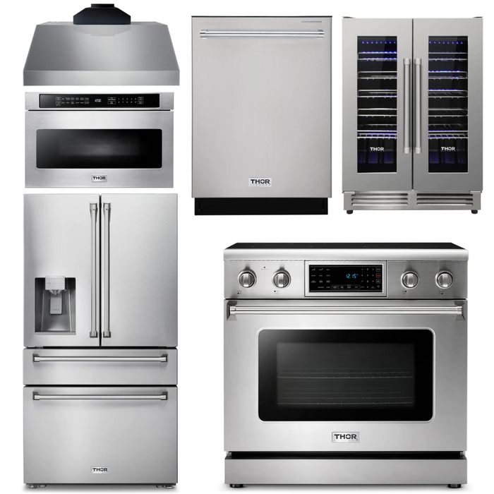 Thor Kitchen Appliance Package - 36 In. Electric Range, Range Hood, Microwave Drawer, Refrigerator with Water and Ice Dispenser, Dishwasher, Wine Cooler, AP-TRE3601-C-10