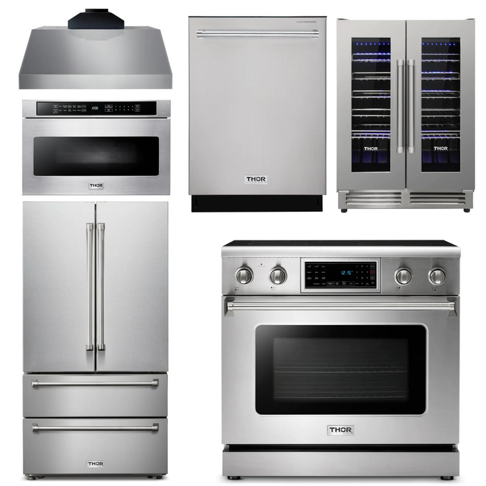 Thor Kitchen Appliance Package - 36 In. Electric Range, Range Hood, Microwave Drawer, Refrigerator, Dishwasher, Wine Cooler, AP-TRE3601-C-6