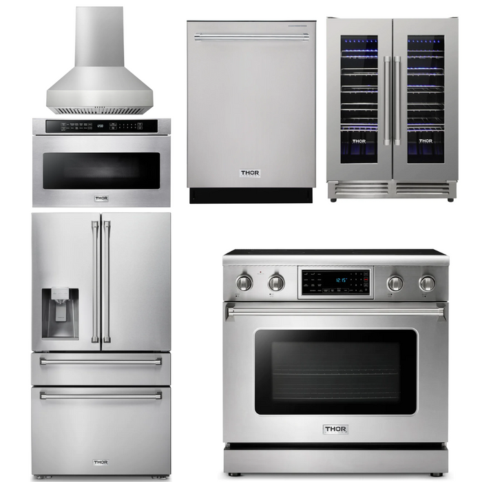 Thor Kitchen Appliance Package - 36 In. Electric Range, Range Hood, Microwave Drawer, Refrigerator with Water and Ice Dispenser, Dishwasher, Wine Cooler, AP-TRE3601-W-10