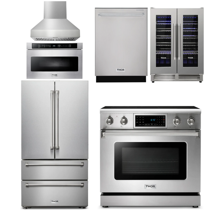 Thor Kitchen Appliance Package - 36 In. Electric Range, Range Hood, Microwave Drawer, Refrigerator, Dishwasher, Wine Cooler, AP-TRE3601-W-6