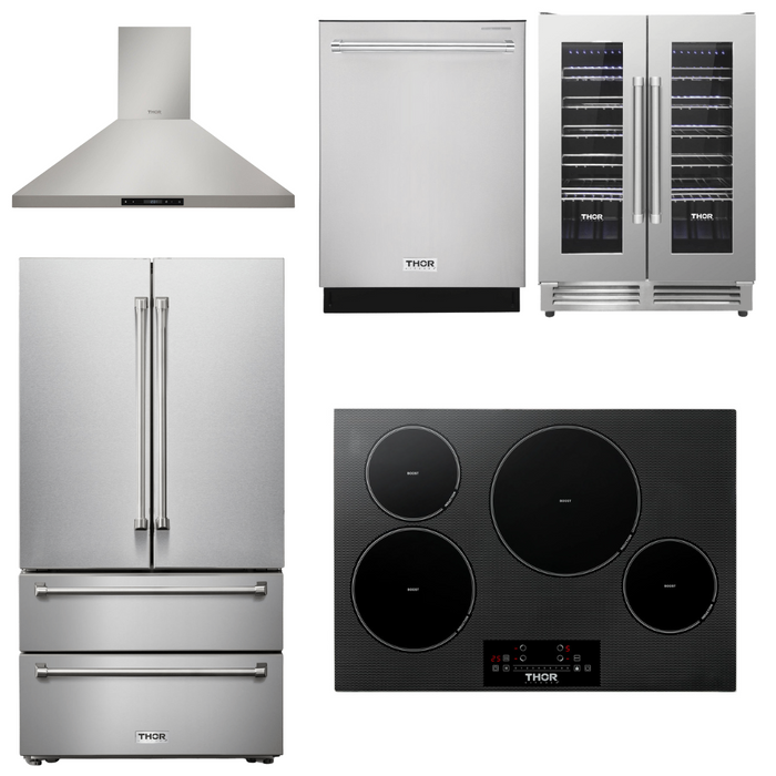 Thor Kitchen Appliance Package - 30 In. Induction Cooktop, Range Hood, Refrigerator, Dishwasher, Wine Cooler, AP-TIH30-4