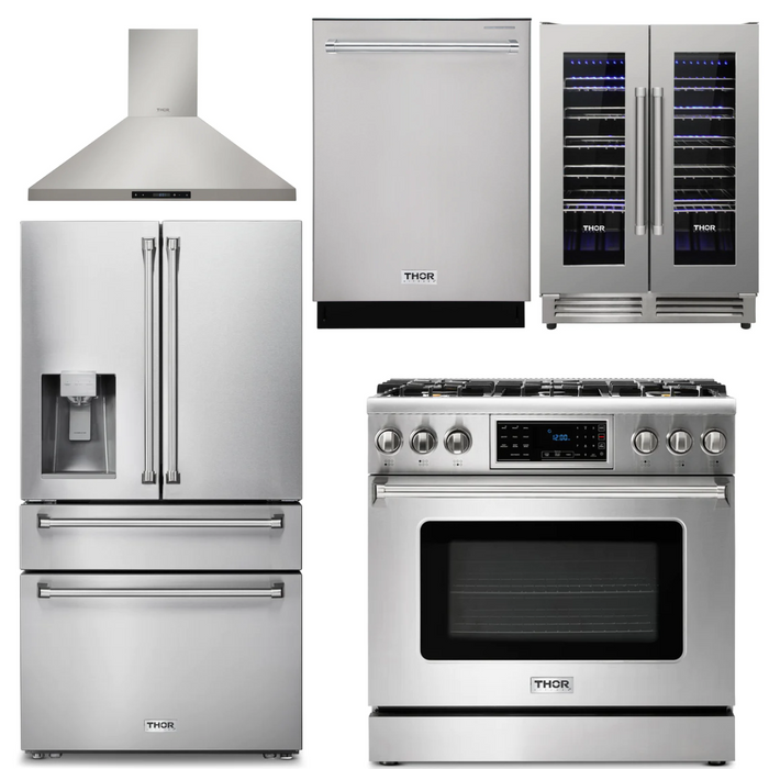 Thor Kitchen Appliance Package - 36 In. Gas Range, Range Hood, Refrigerator with Water and Ice Dispenser, Dishwasher, Wine Cooler, AP-TRG3601-11