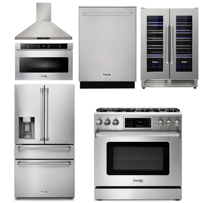 Thor Kitchen Appliance Package - 36 In. Gas Range, Range Hood, Microwave Drawer, Refrigerator with Water and Ice Dispenser, Dishwasher, Wine Cooler, AP-TRG3601-14