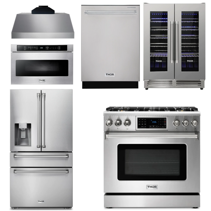 Thor Kitchen Package - 36" Gas Range, Range Hood, Microwave Drawer, Refrigerator with Water and Ice Dispenser, Dishwasher, Wine Cooler, AP-TRG3601-C-10