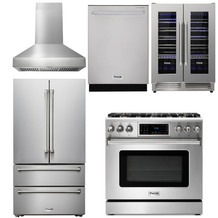 Thor Kitchen Appliance Package - 36 In. Gas Range, Range Hood, Refrigerator, Dishwasher, Wine Cooler, AP-TRG3601-W-3