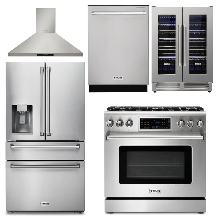 Thor Kitchen Appliance Package - 36 In. Propane Gas Range, Range Hood, Refrigerator with Water and Ice Dispenser, Dishwasher, Wine Cooler, AP-TRG3601LP-11