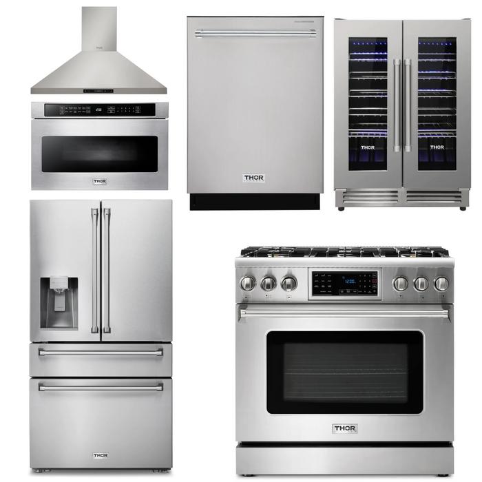 Thor Kitchen Appliance Package - 36 In. Gas Range, Range Hood, Microwave Drawer, Refrigerator with Water and Ice Dispenser, Dishwasher, Wine Cooler, AP-TRG3601LP-14