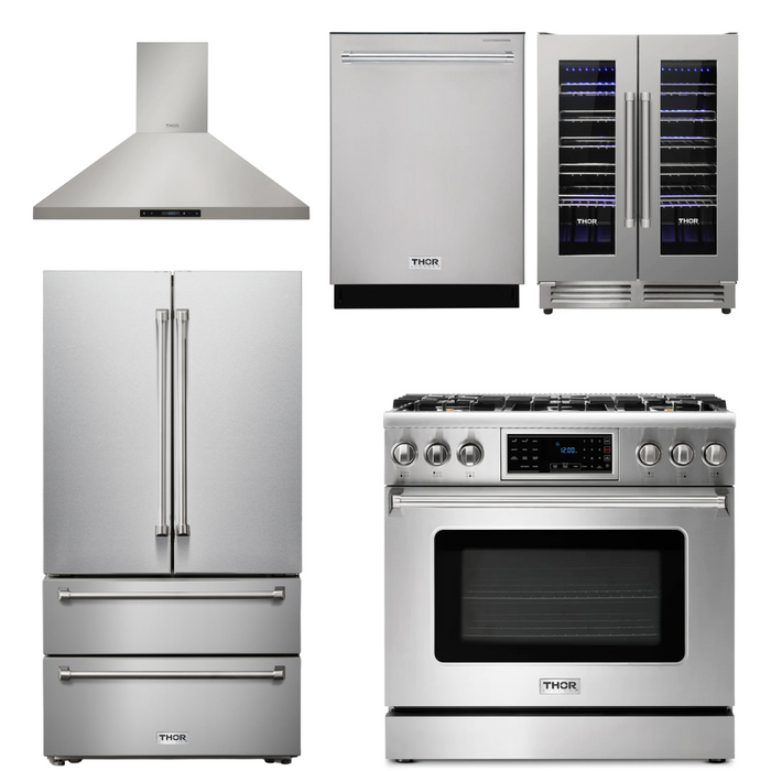 Thor Kitchen Appliance Package - 36 In. Propane Gas Range, Range Hood, Refrigerator, Dishwasher, Wine Cooler, AP-TRG3601LP-4