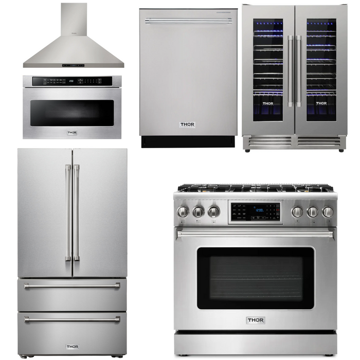 Thor Kitchen Appliance Package - 36 In. Gas Range, Range Hood, Microwave Drawer, Refrigerator, Dishwasher, Wine Cooler, AP-TRG3601LP-8