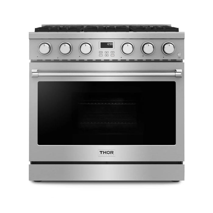 Thor Kitchen Appliance Package - 36" Natural Gas Range, Microwave Drawer, Refrigerator with Water and Ice Dispenser, Dishwasher, AP-ARG36-12