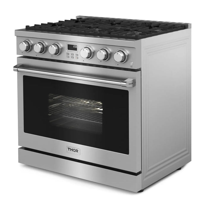 Thor Kitchen Appliance Package - 36" Natural Gas Range, Range Hood, Refrigerator, Dishwasher, Wine Cooler, AP-ARG36-4