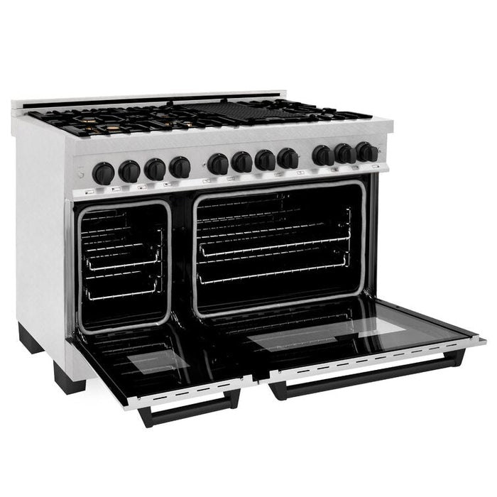 ZLINE 48" Autograph Edition Dual Fuel Range in DuraSnow® Stainless Steel with Matte Black Accents, RASZ-SN-48-MB