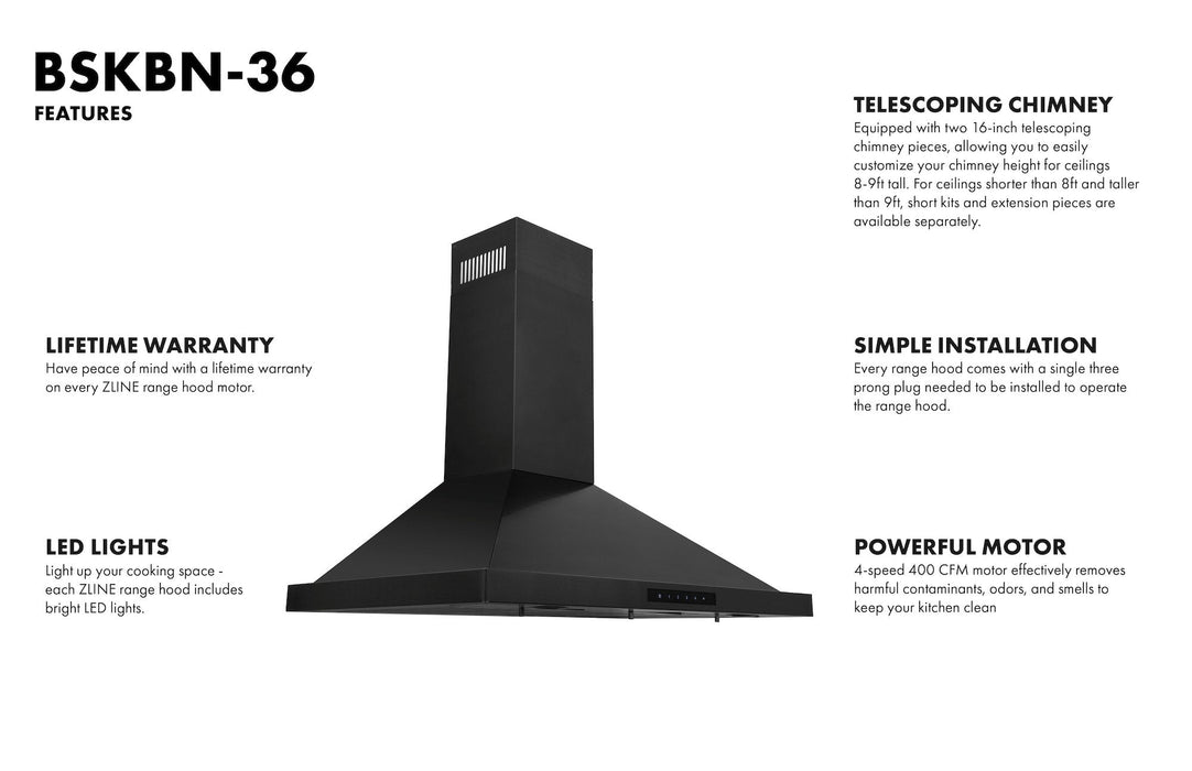 ZLINE 36" Convertible Vent Wall Mount Range Hood in Black Stainless Steel, BSKBN-36