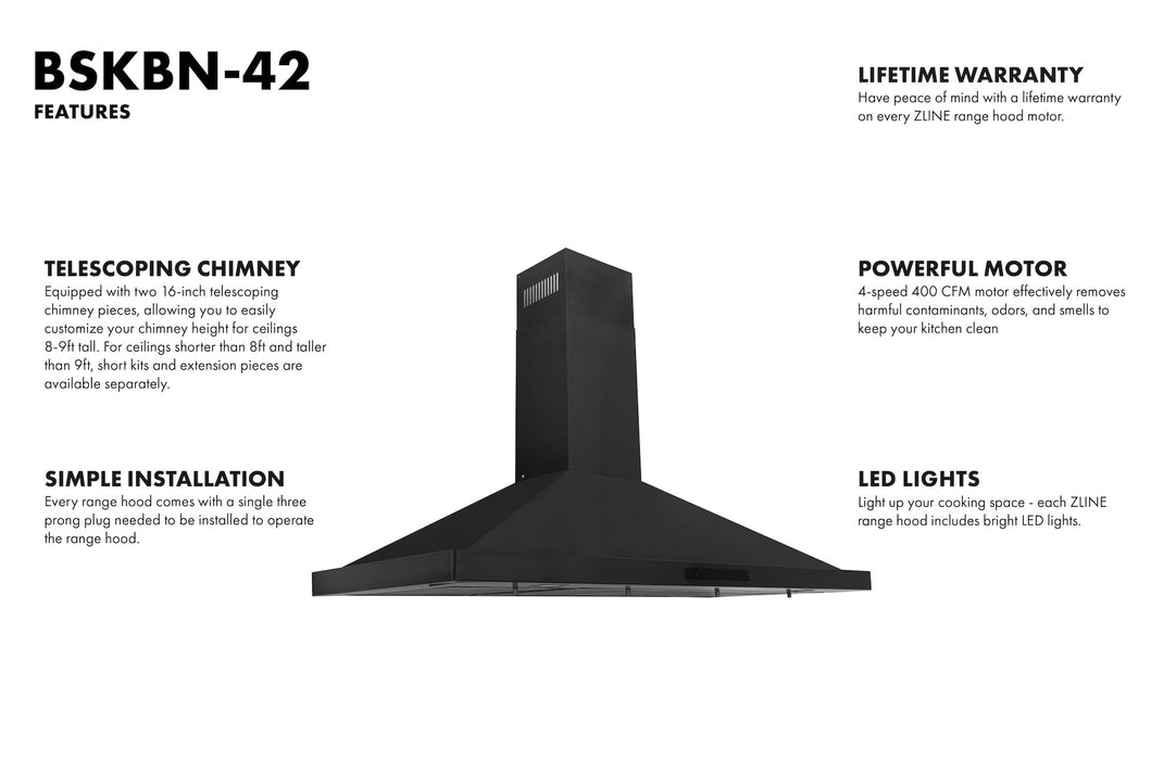 ZLINE 42" Convertible Vent Wall Mount Range Hood in Black Stainless Steel, BSKBN-42