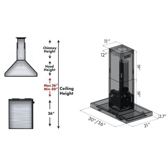 ZLINE 30" Convertible Island Mount Range Hood in Black Stainless Steel, BSKE2iN-30