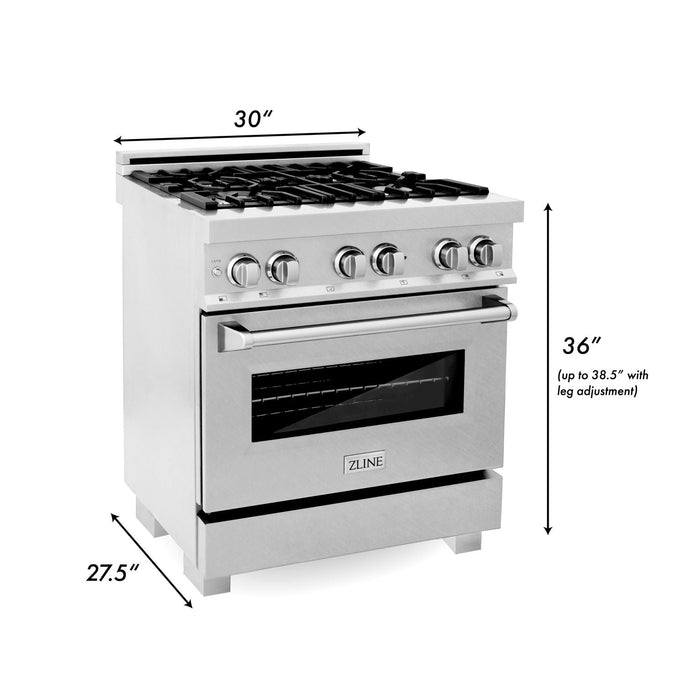 ZLINE 30" Professional Dual Fuel Range in DuraSnow® Stainless Steel, RAS-SN-30