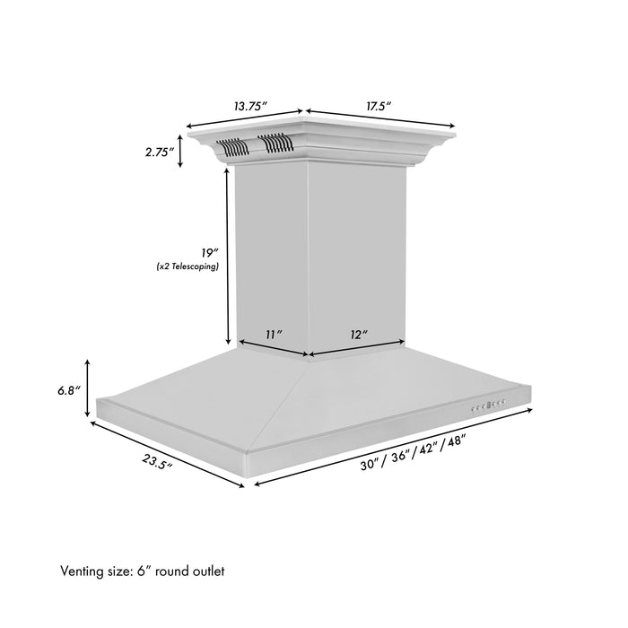 ZLINE 42" Island Mount Range Hood in Stainless Steel with CrownSound® Built-in Speakers, GL2iCRN-BT-42