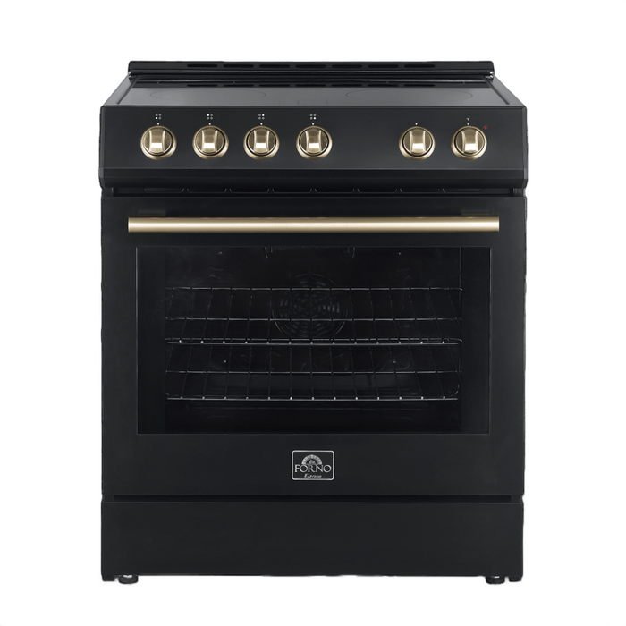 Forno Espresso 30" Electric Range in Black with Antique Brass Handles, FFSEL6012-30BLK