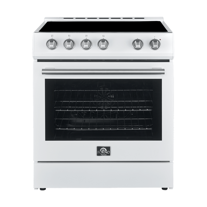 Forno Espresso 30" Electric Range in White with Antique Brass Handles, FFSEL6012-30WHT