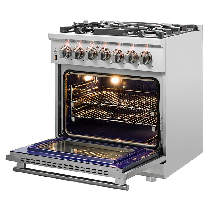 Forno Appliance Package - 30" Dual Fuel Range, 30" Range Hood, Dishwasher, Microwave Drawer, AP-FFSGS6125-30-W-6