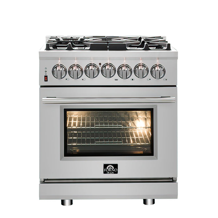 Forno Appliance Package - 30" Dual Fuel Range, 30" Range Hood, Dishwasher, Microwave Drawer, AP-FFSGS6125-30-W-6