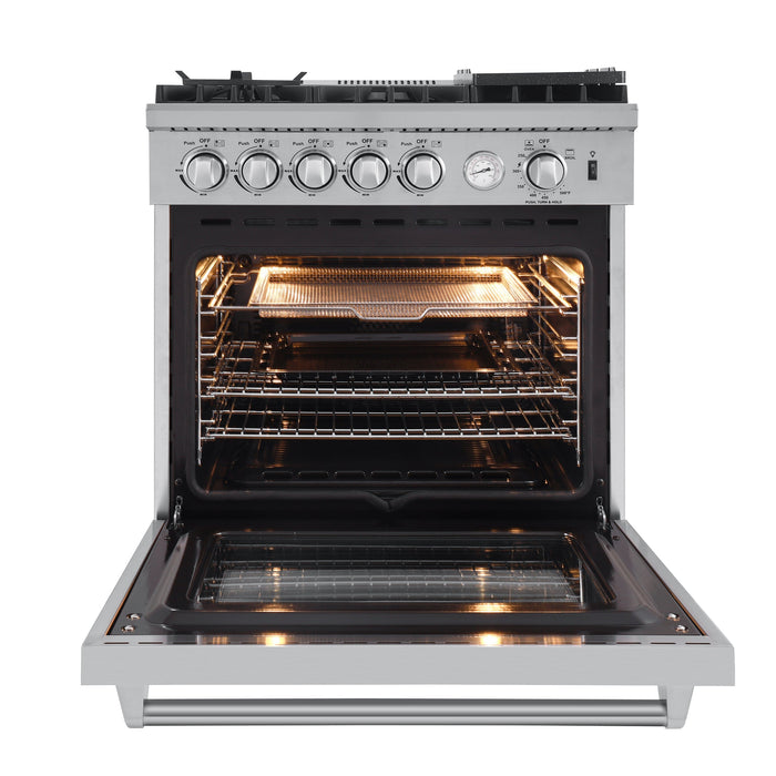 Forno Appliance Package - 30" Gas Range with Airfryer, Range Hood, 36" Refrigerator, Dishwasher, Microwave Drawer, AP-FFSGS6276-30-12