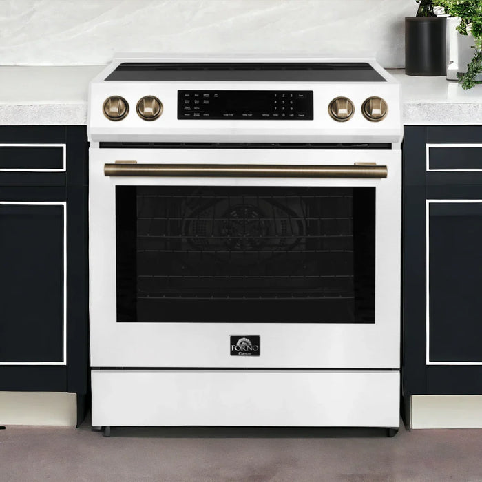 Forno Espresso 30" Induction Range with Air Fry and Self-Clean in White and Antique Brass Handles, FFSIN0905-30WHT