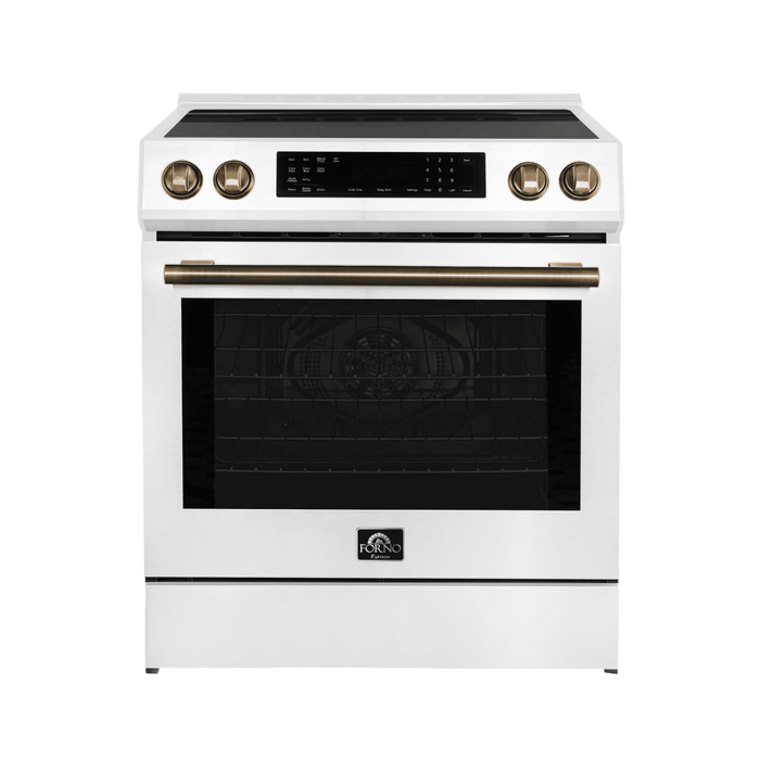 Forno Espresso 30" Induction Range with Air Fry and Self-Clean in White and Antique Brass Handles, FFSIN0905-30WHT