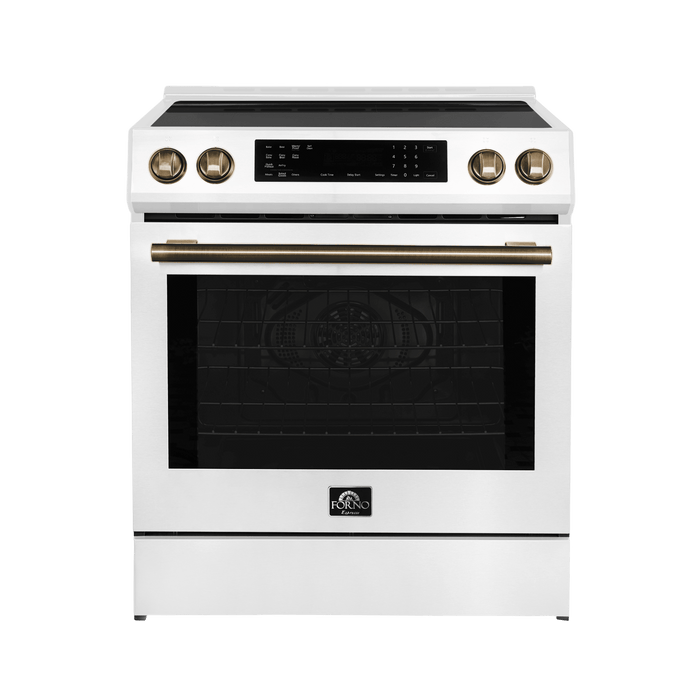 Forno Espresso 30" Induction Range with Air Fry and Self-Clean in White and Antique Brass Handles, FFSIN0905-30WHT