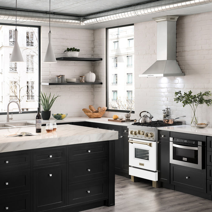 ZLINE 24" Autograph Edition All Gas Range in DuraSnow® Stainless Steel with White Matte Door and Gold Accents, RGSZ-WM-24-G