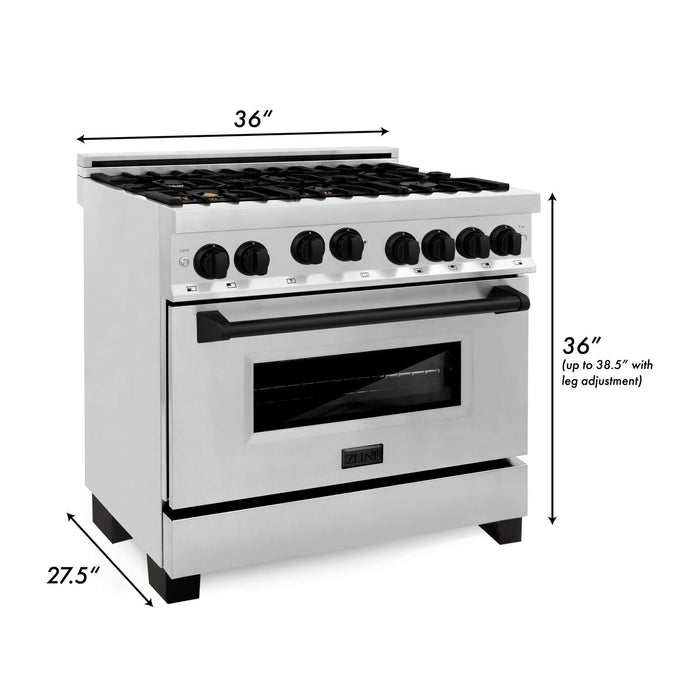 ZLINE 36" Autograph Edition All Gas Range in Stainless Steel with Matte Black Accents, RGZ-36-MB