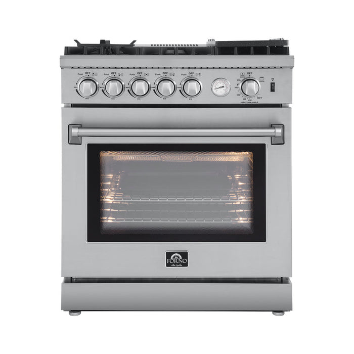 Forno Appliance Package - 30" Gas Range, 30" Range Hood, Dishwasher, Microwave Drawer, AP-FFSGS6276-30-W-6